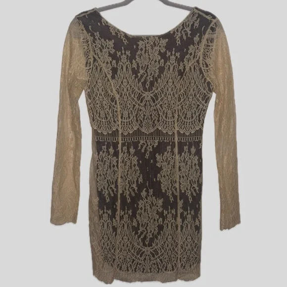 Free People Mini Dress XS TP Beige Lace Sheath Long Sleeve Brown Boho - Picture 3 of 6